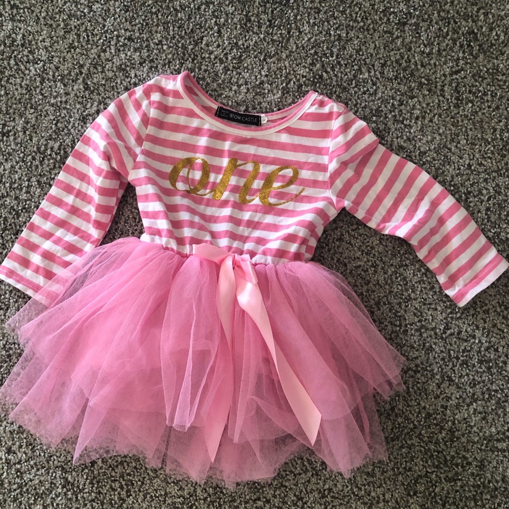 1 year pink gold white dress tulle ; 1st birthday